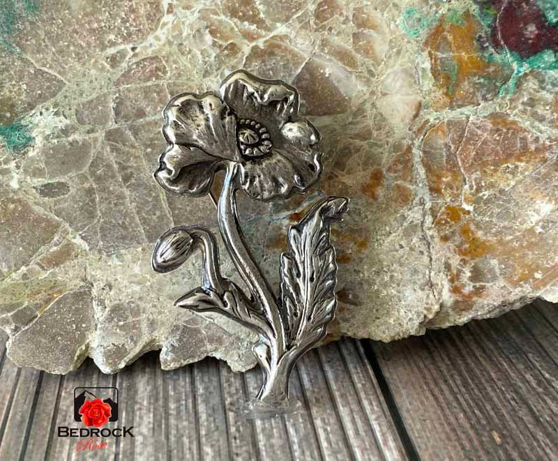 Art Nouveau Silver Poppy Brooch Bedrock Rose, Heirloom quality jewelry, French design, Vintage Statement piece, Anniversary gift