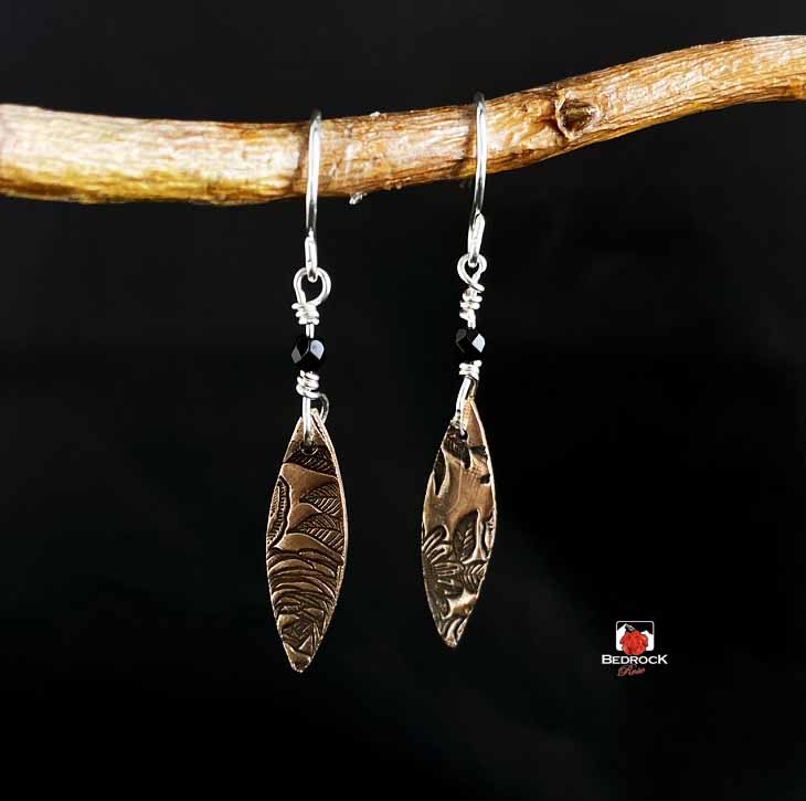 Warm Rose Bronze Rose Patterned Pointy Oval Necklace and Dangling Earrings, Glamorous Engraved Jewelry