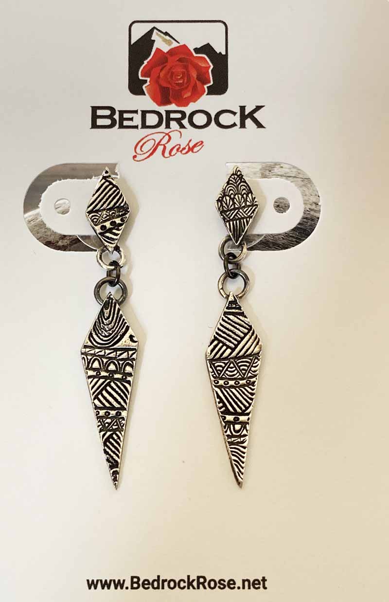 Silver Intricate Geo-Quilt Drop Earrings Bedrock Rose, Handcrafted Post Earrings