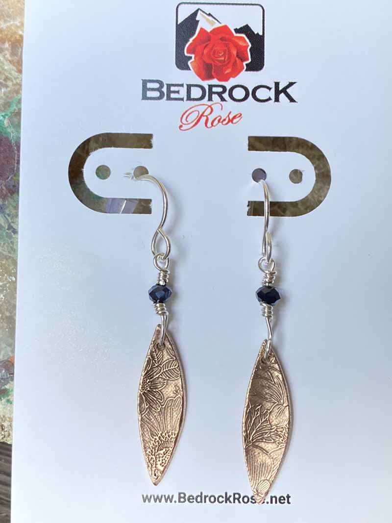 Warm Rose Bronze Floral Pointy Oval Dangling Earrings, Engraved Jewelry, Elegant Danglers