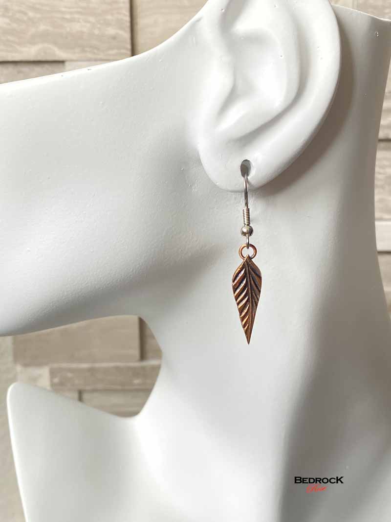 Dainty Rose Bronze Feather Dangling Earrings Bedrock Rose