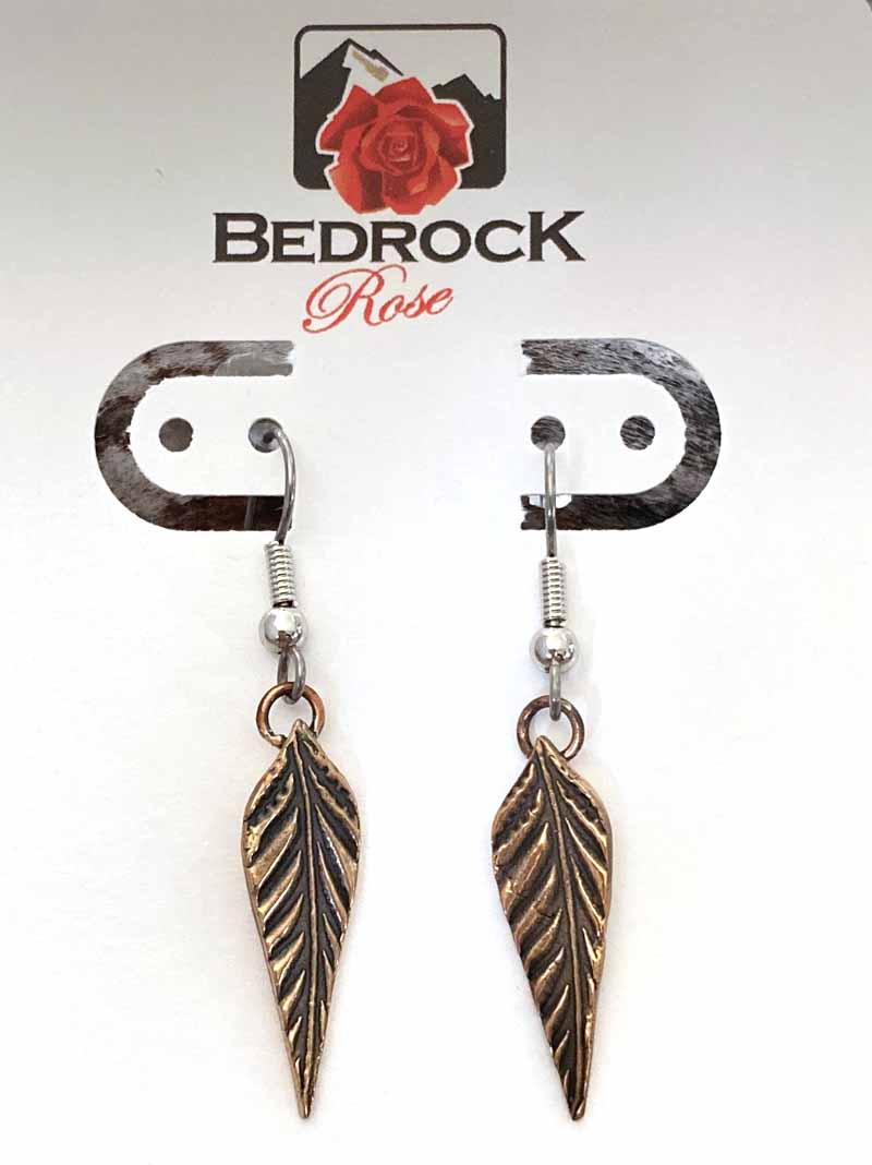 Dainty Rose Bronze Feather Dangling Earrings Bedrock Rose