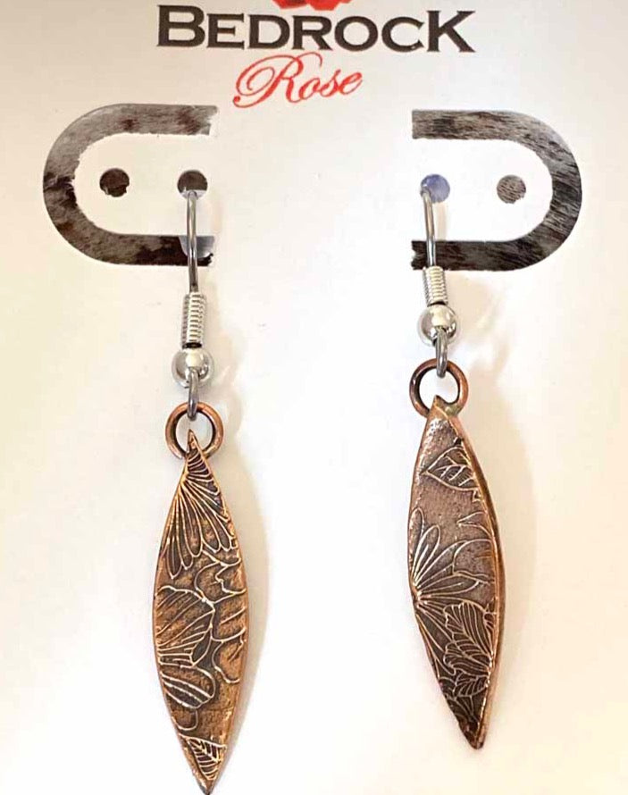 Warm Rose Bronze Floral Patterned Pointy Oval Dangling Earrings, Engraved Jewelry, Gift for Her
