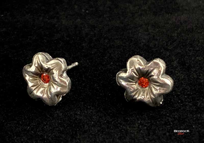 Dainty Silver Flower Post Earrings Bedrock Rose, Handmade Jewelry, Orange Gemstone