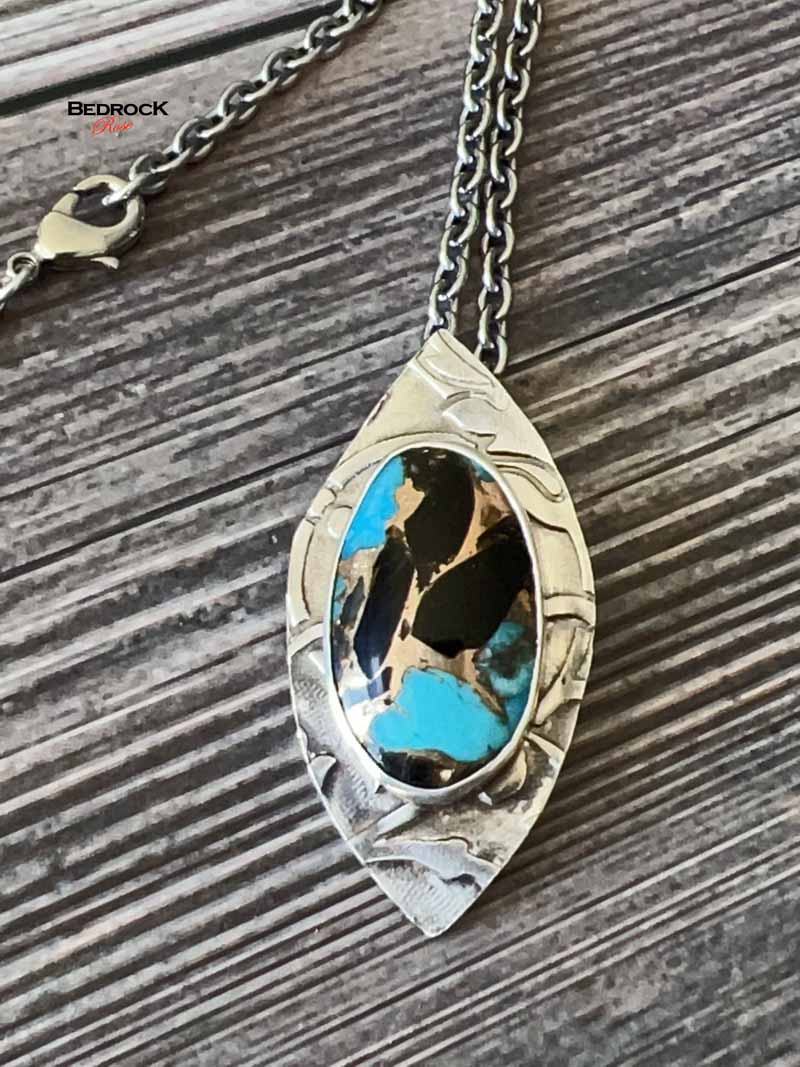 Vibrant Kingman Turquoise, Onyx, and Bronze Pendant Bedrock Rose