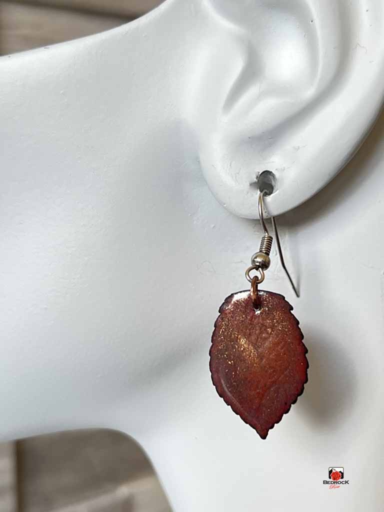 Warm Copper and Bronze Leaf Dangling Earrings Bedrock Rose, Nature-inspired jewelry, burnt umber leaf danglers