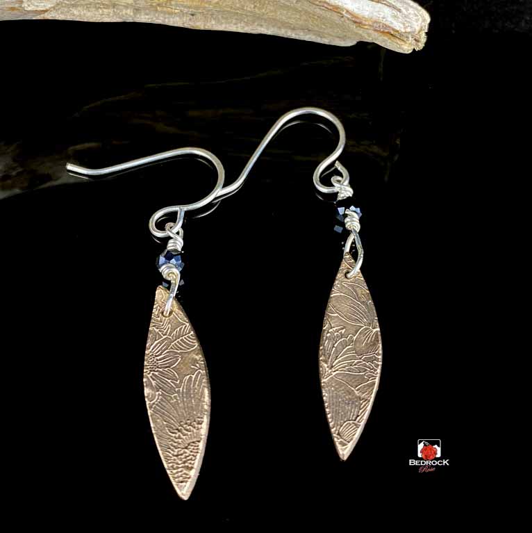 Warm Rose Bronze Floral Pointy Oval Dangling Earrings, Engraved Jewelry, Elegant Danglers