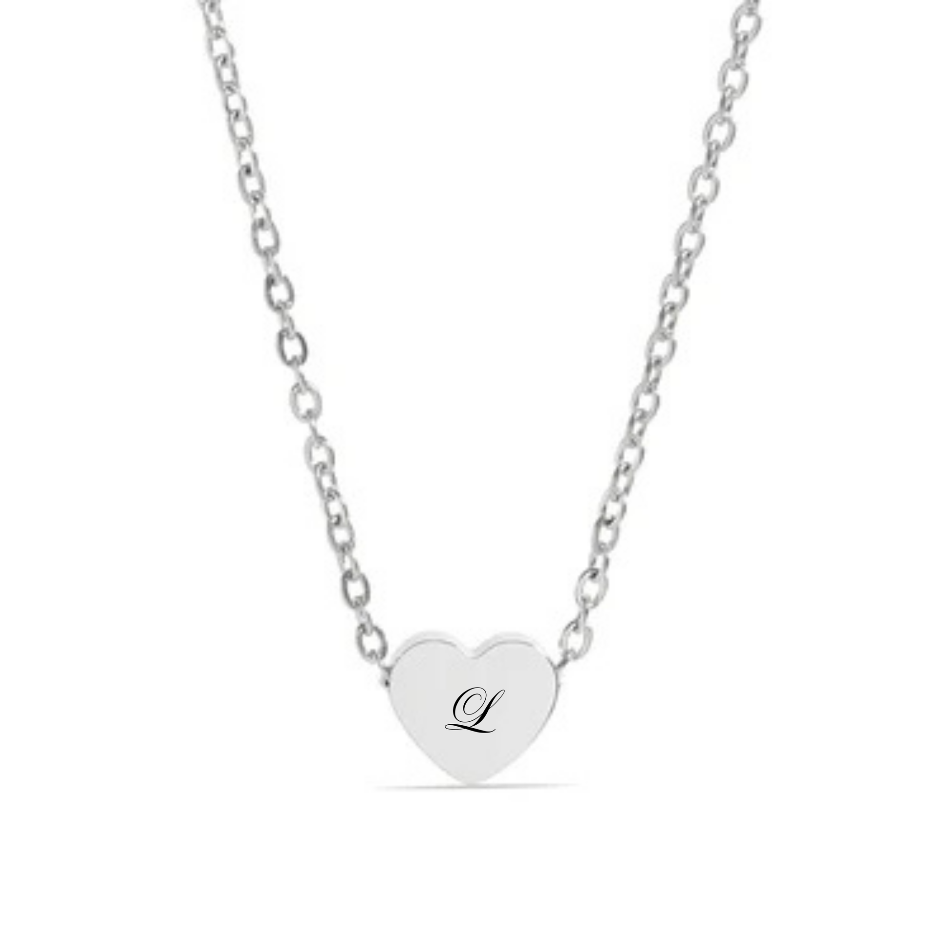 Silver necklace with a heart-shaped pendant featuring the letter 'L' on a white background
