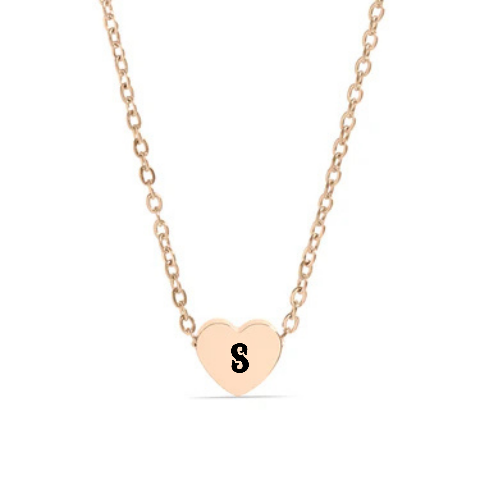 gold necklace with a heart-shaped pendant featuring a black letter 'S' on a white background