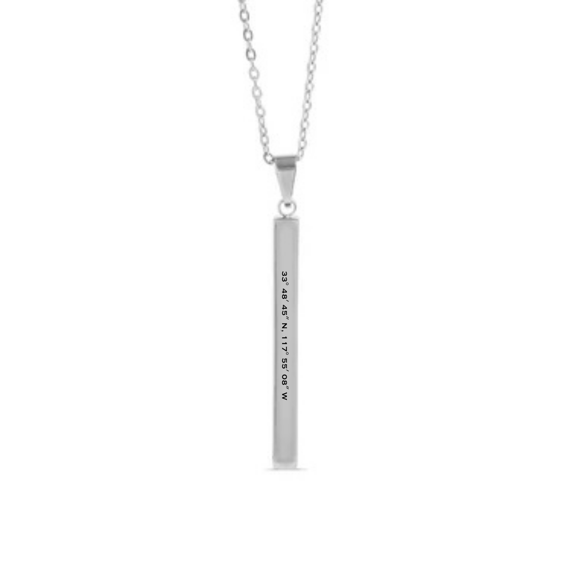 Silver necklace with a vertical bar pendant on a white background