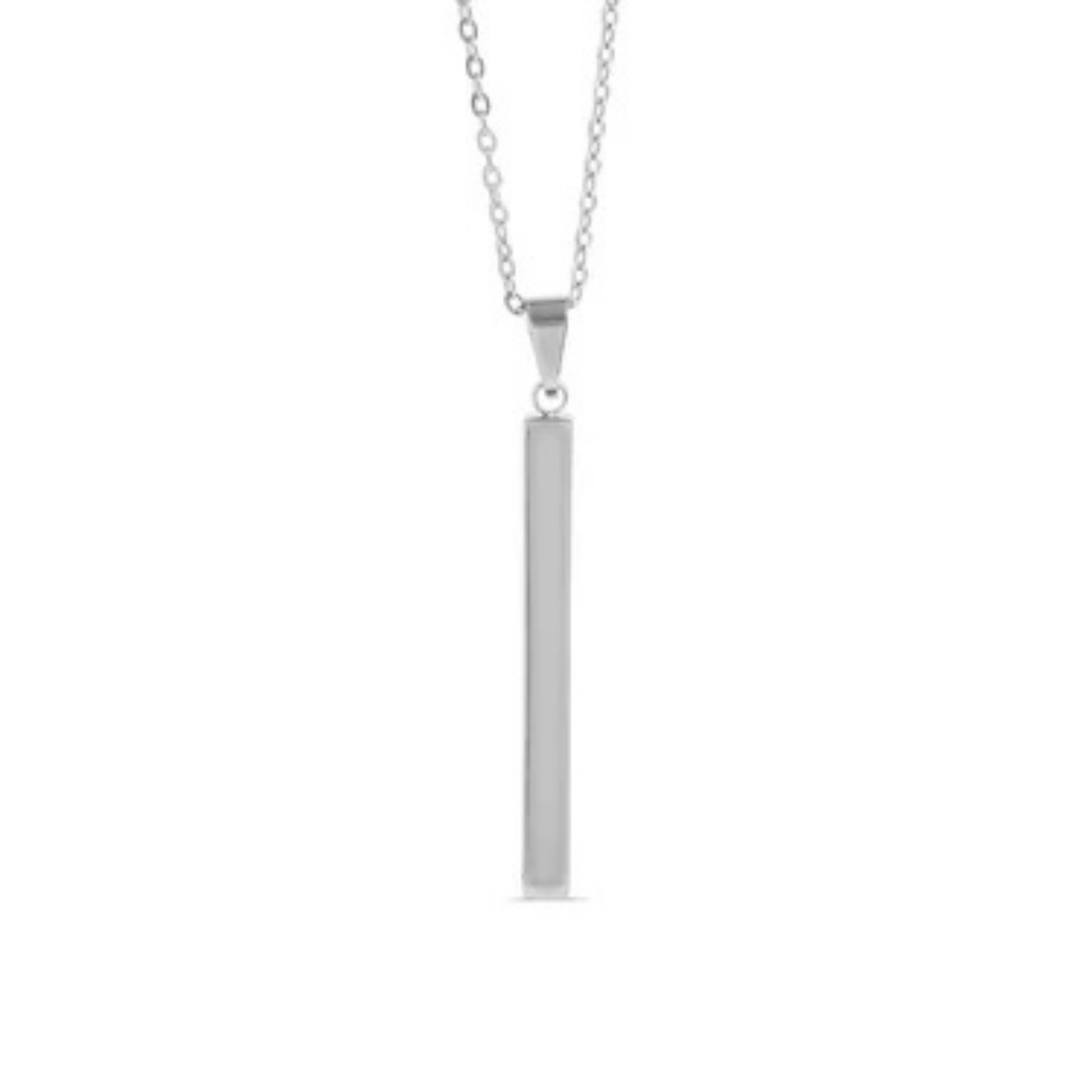 Silver necklace with a vertical bar pendant on a white background