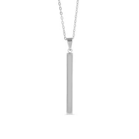 Silver necklace with a vertical bar pendant on a white background