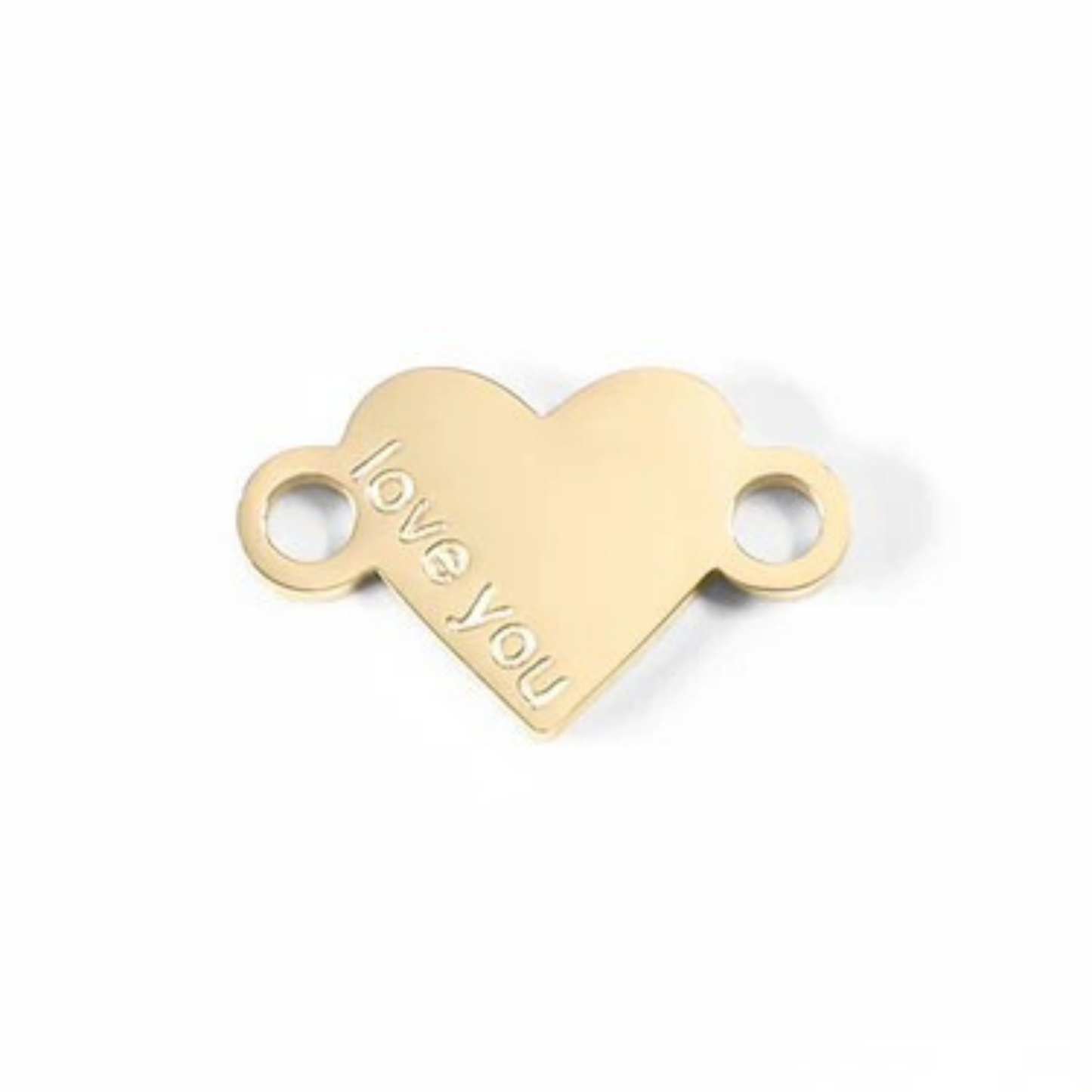 Gold heart-shaped pendant with 'love you' engraving on a white background