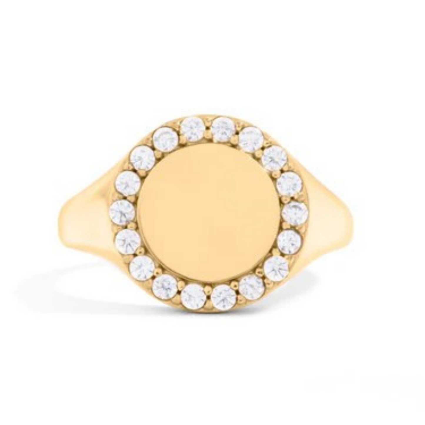 Gold ring with halo of crystals on a white background
