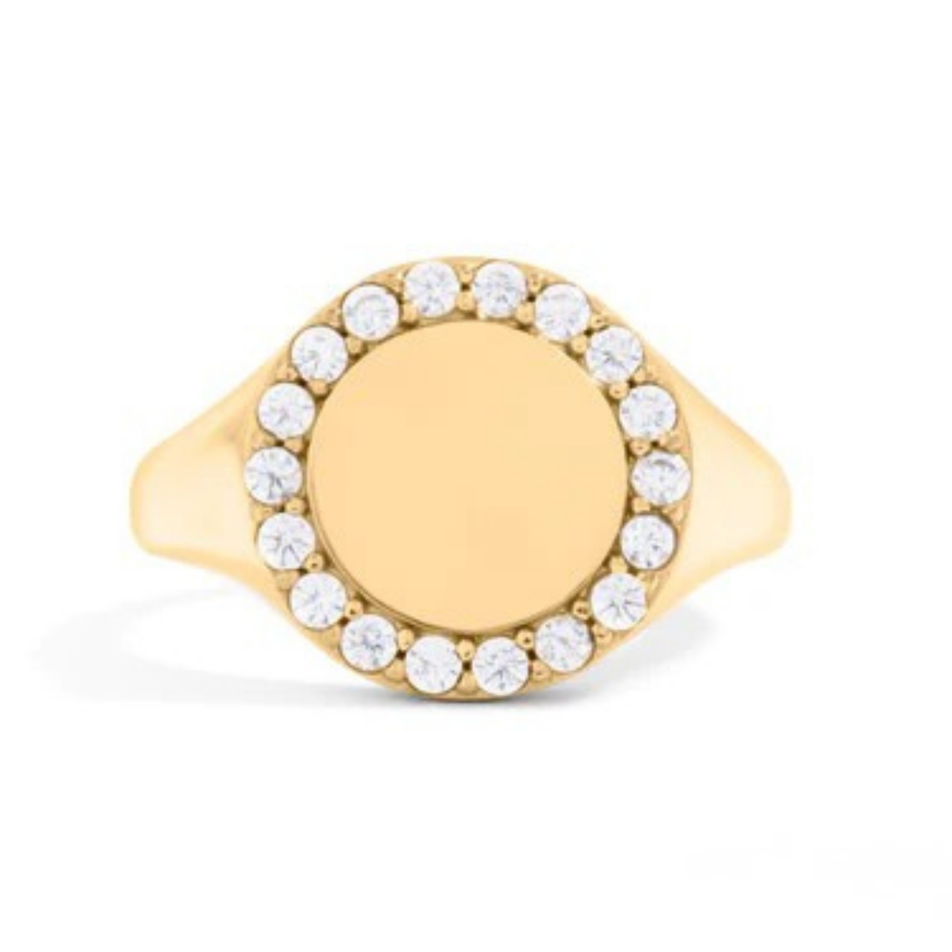 Gold ring with halo of crystals on a white background