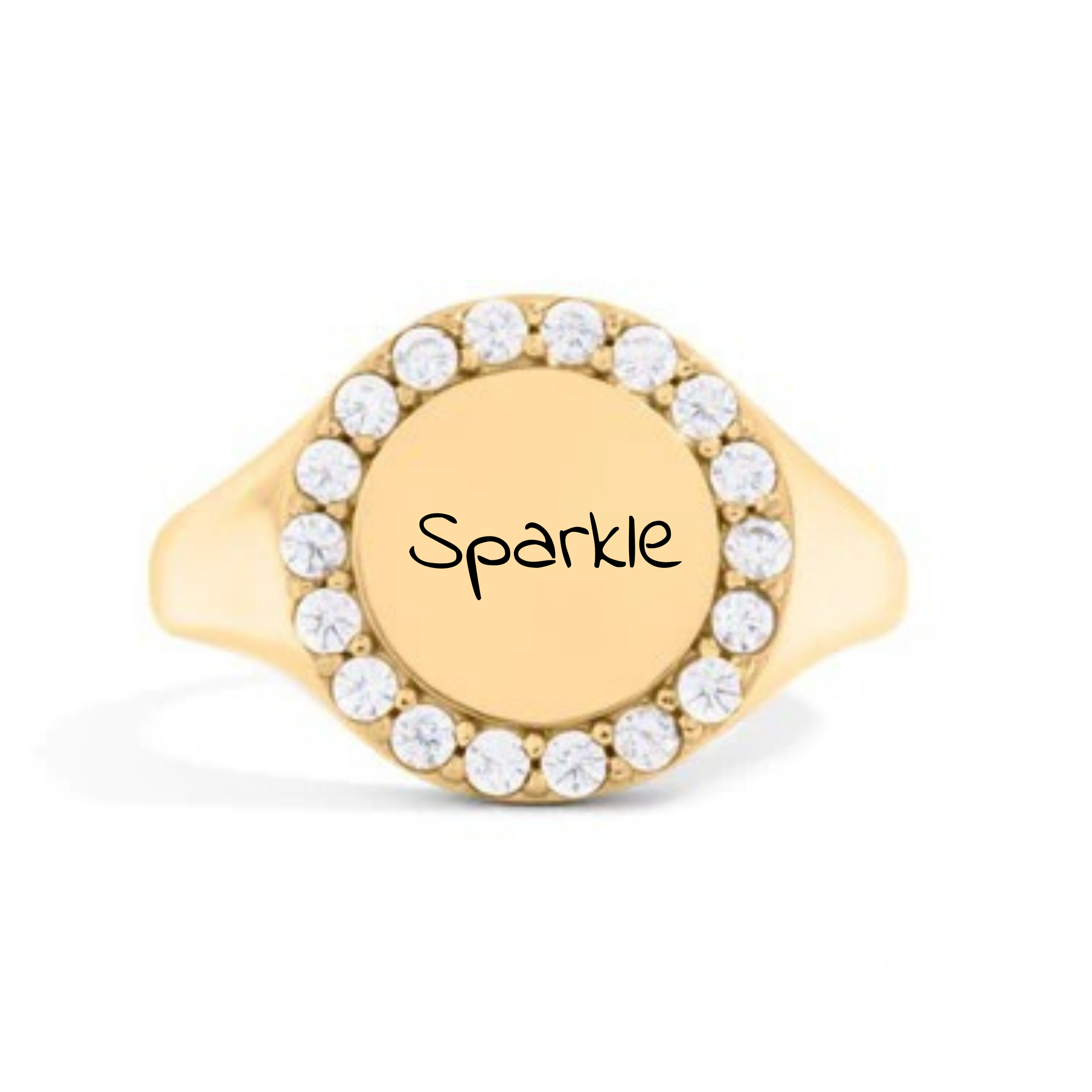 Gold ring with 'Sparkle' engraving and clear stones on a white background