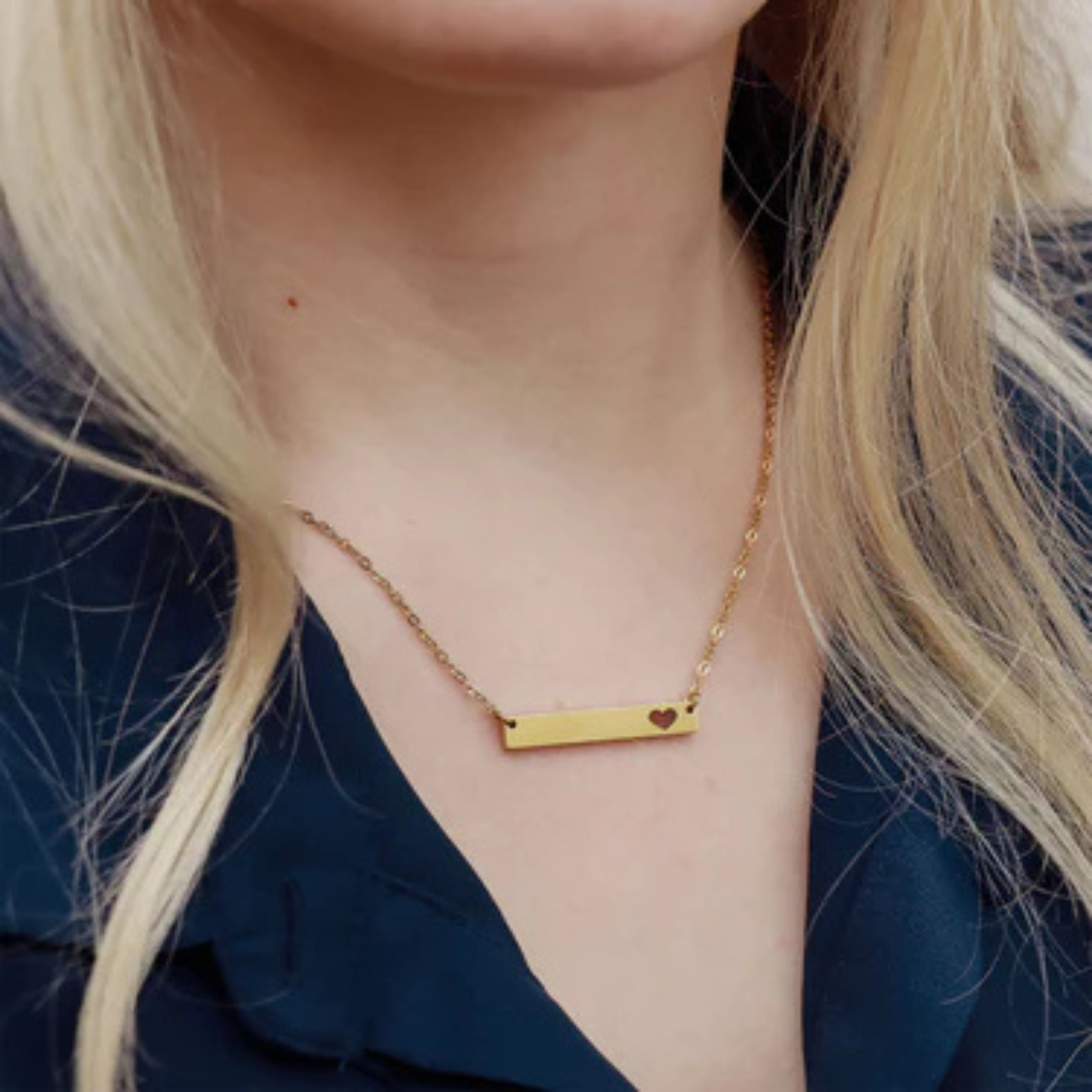 Personalized Horizontal Bar Necklace with Heart Cutouts | Custom Engraved Stainless Steel