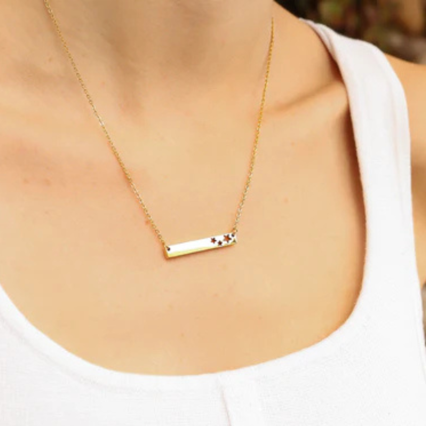 Personalized Horizontal Bar Necklace with Star Cutouts | Custom Engraved Stainless Steel