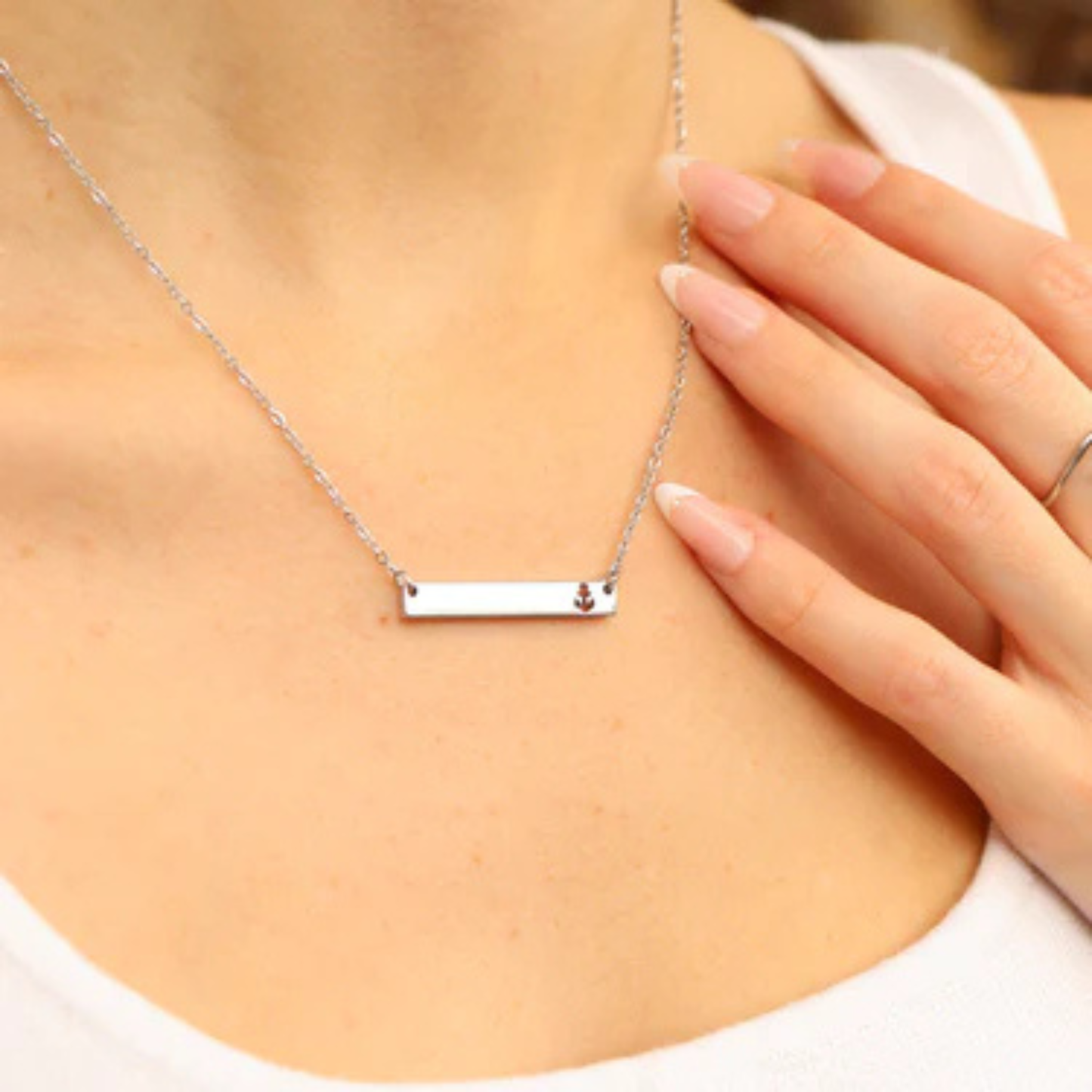 Personalized Horizontal Bar Necklace with Anchor Cutouts | Custom Engraved Stainless Steel