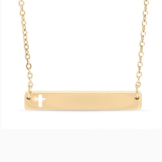 Personalized Horizontal Bar Necklace with Cross Cutouts | Custom Engraved Stainless Steel