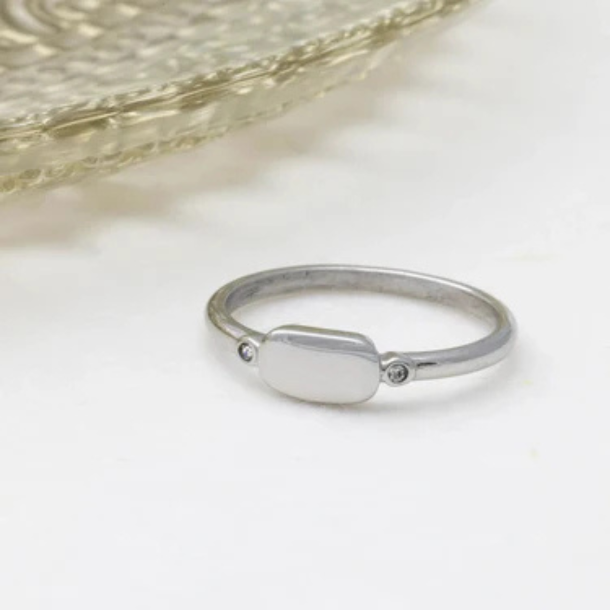 Minimalist CZ Crystal Signet Ring | Personalized Engraved Stainless Steel