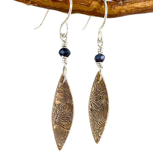 Warm Rose Bronze Floral Pointy Oval Dangling Earrings, Engraved Jewelry, Elegant Danglers