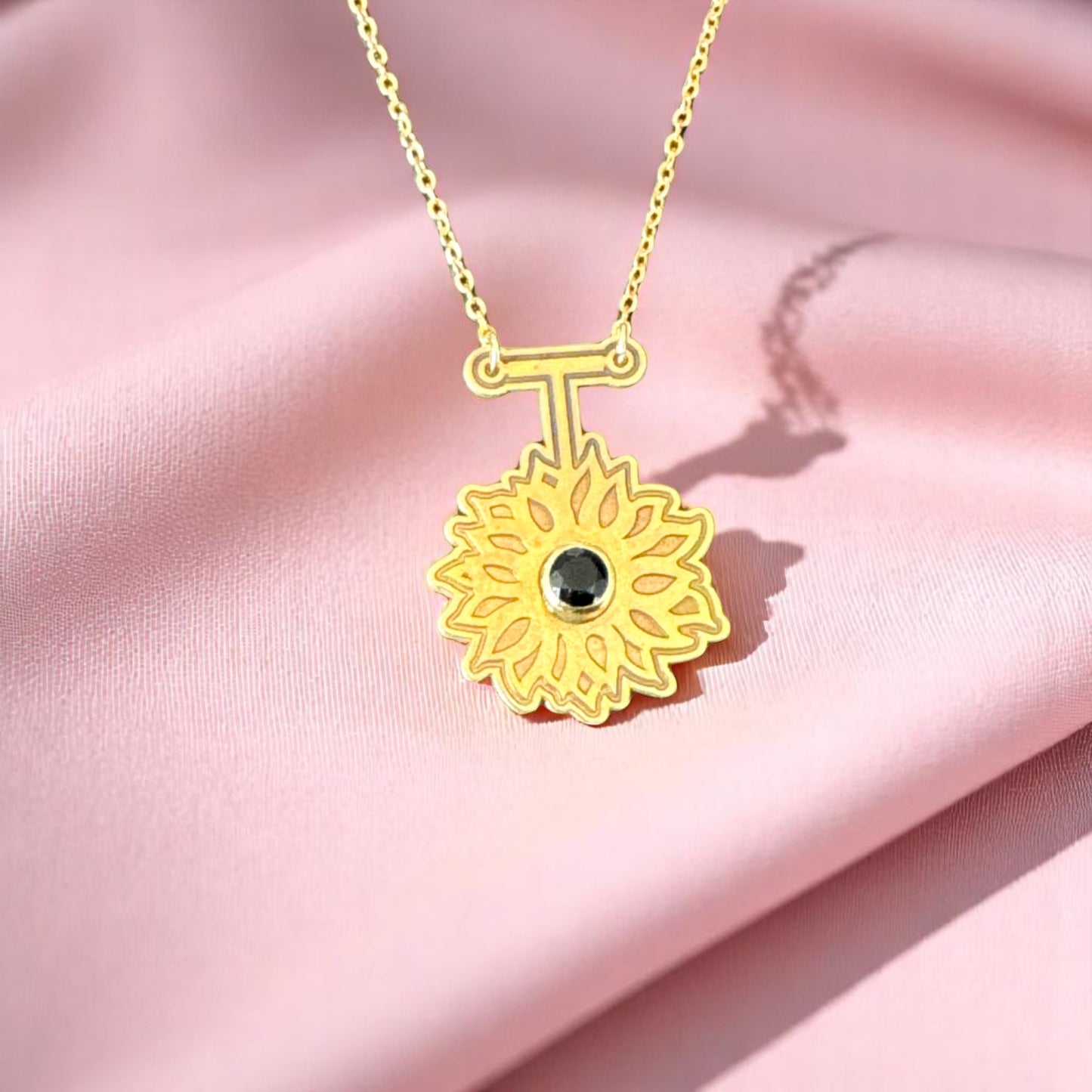 Gold Sunflower Necklace with Obsidian | Pendant