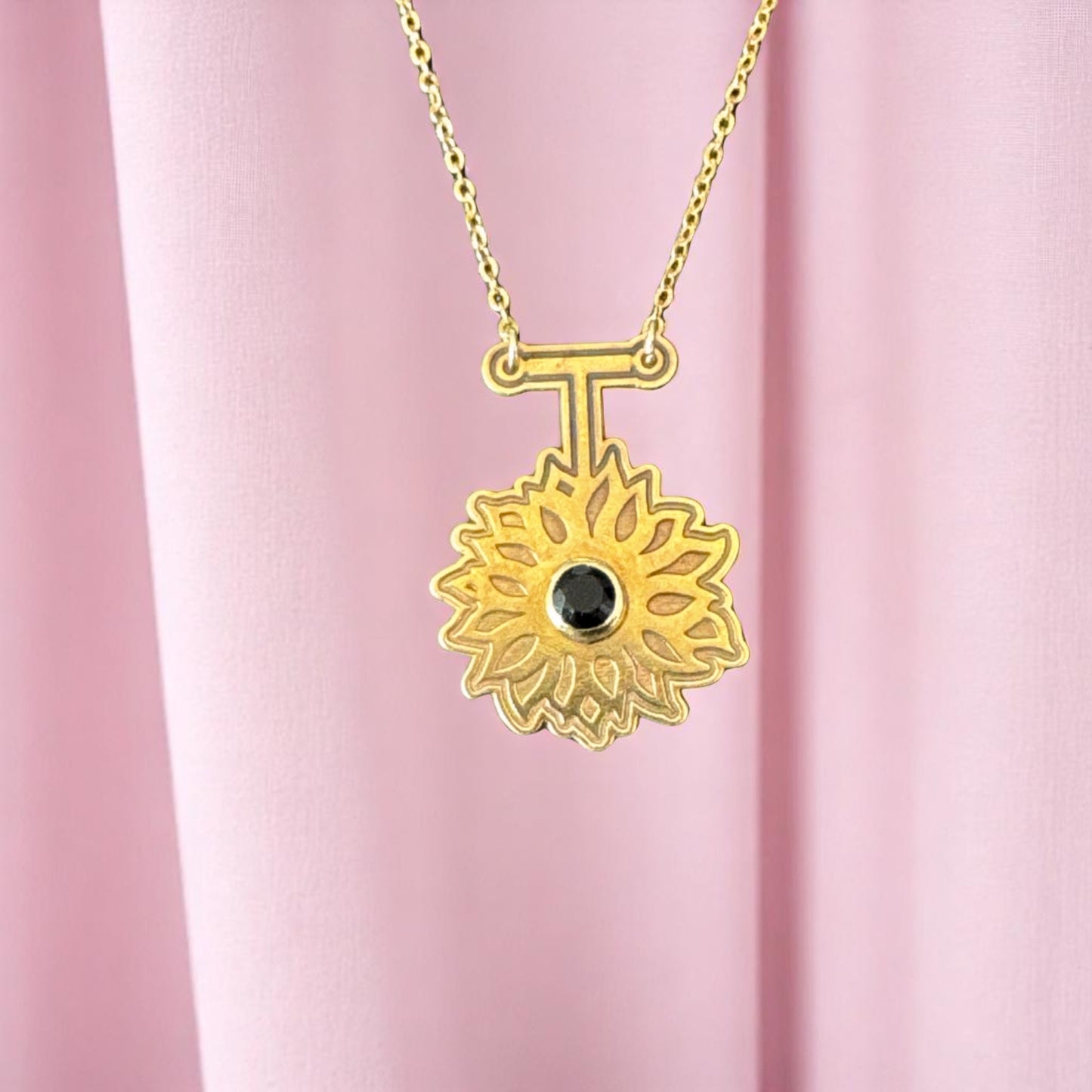 Gold Sunflower Necklace with Obsidian | Pendant