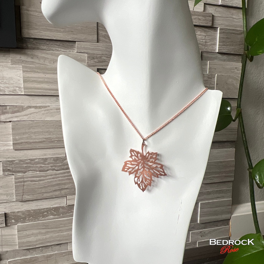 Bedrock Rose hand-pierced copper maple leaf necklace with an 18" chain. Vintage style, perfect for Autumn.