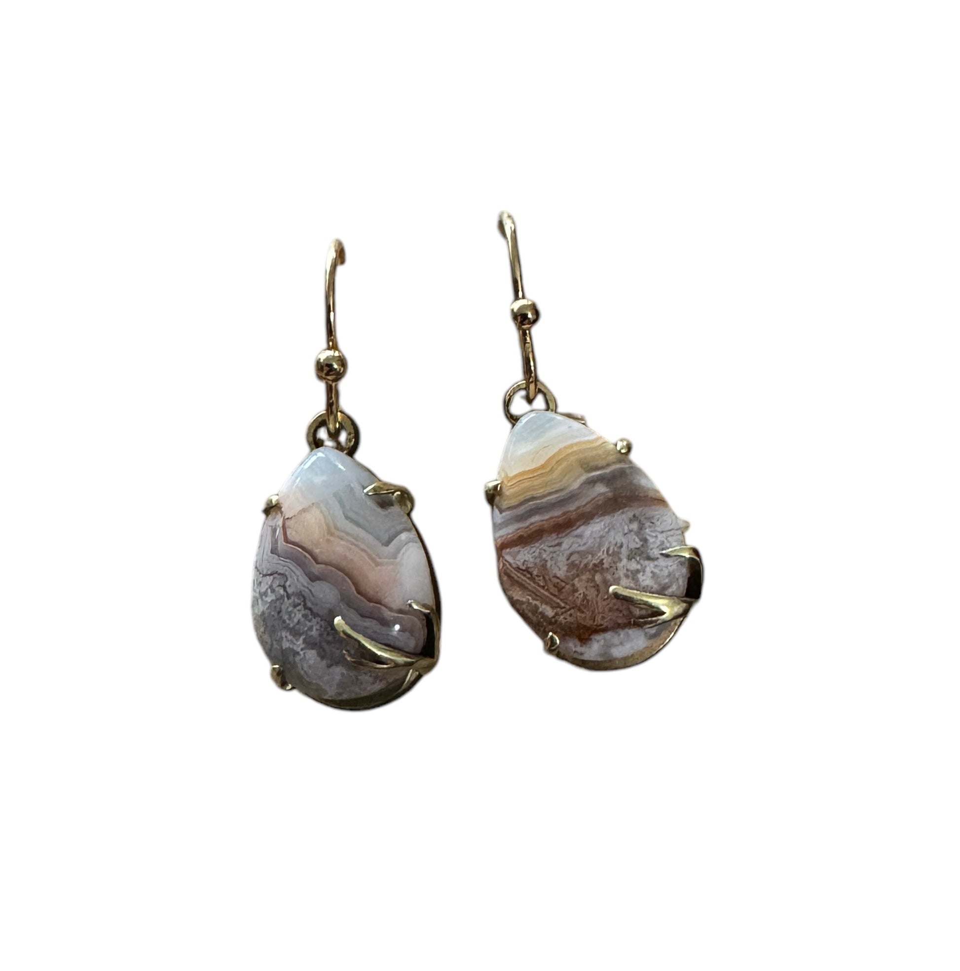 Pear-Shape, prong set crazy lace agate dangling earrings, high-polished brass