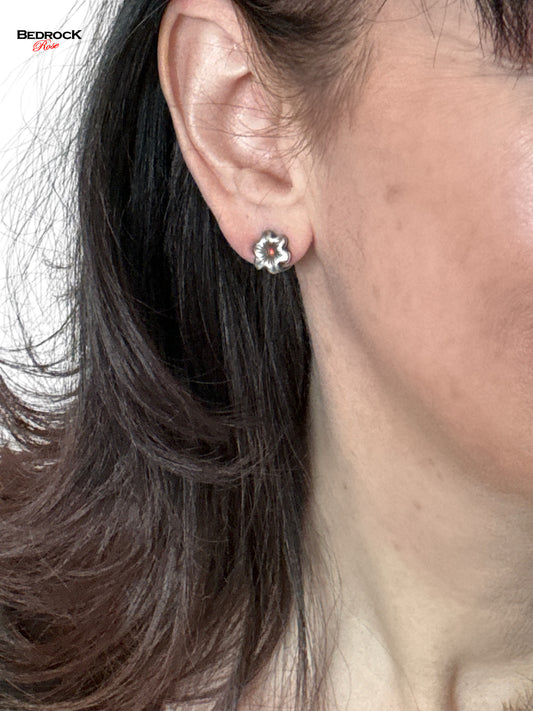 Dainty Silver Flower Post Earrings Bedrock Rose, Handmade Jewelry, Orange Gemstone