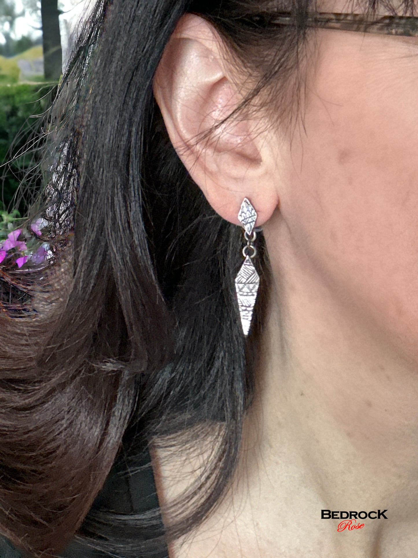 Silver Intricate Geo-Quilt Drop Earrings Bedrock Rose, Handcrafted Post Earrings