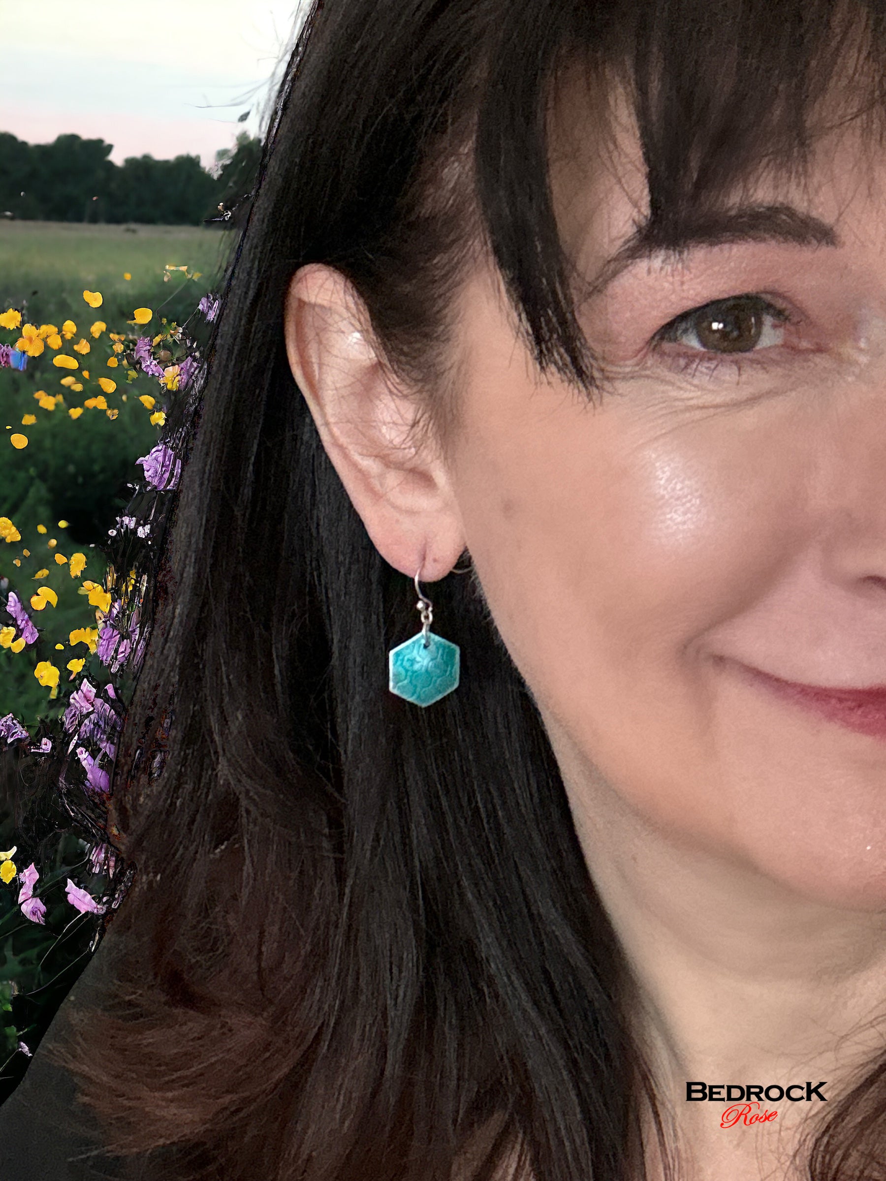 Teal green geometric earrings with honeycomb texture, fine silver enameled dangle earrings, handmade jewelry, glass earrings, gift for her, hexagon shaped earrings