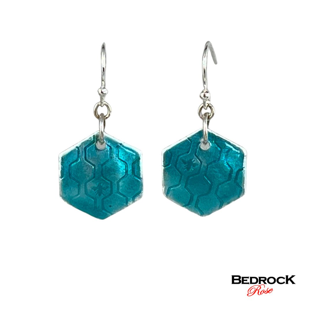Teal green geometric earrings with honeycomb texture, fine silver enameled dangle earrings, handmade jewelry, glass earrings, gift for her, hexagon shaped earrings