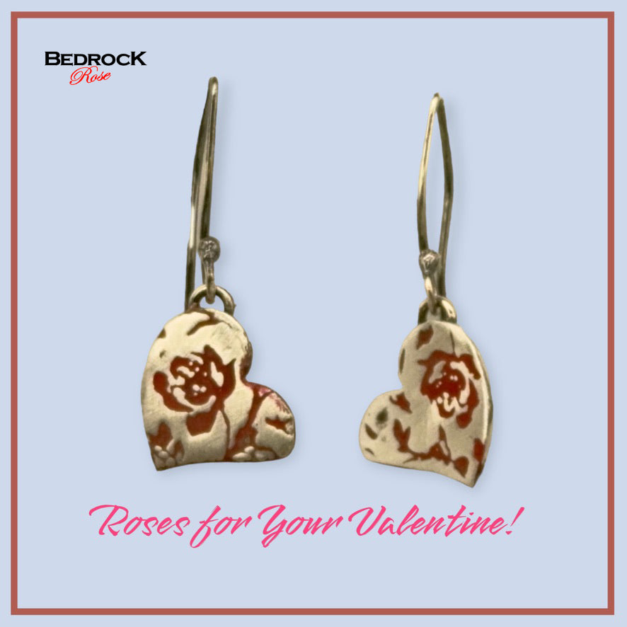 Heart Dangling Earrings, Silver Heart earrings, Red Roses on Heart Earrings, Valentine's Earrings, Gift for Her, Love Jewelry