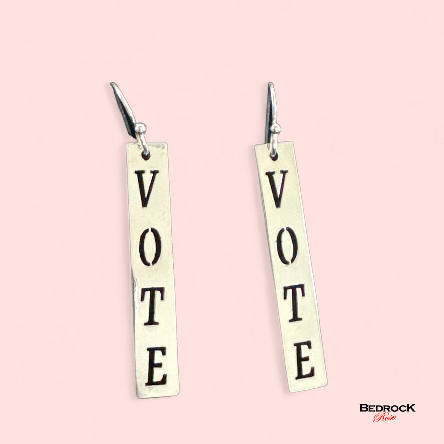 Sterling Silver Laser Cut Earrings with the word Vote, Democracy Jewelry, Democratic Votes, Election Earrings, Gift for Her