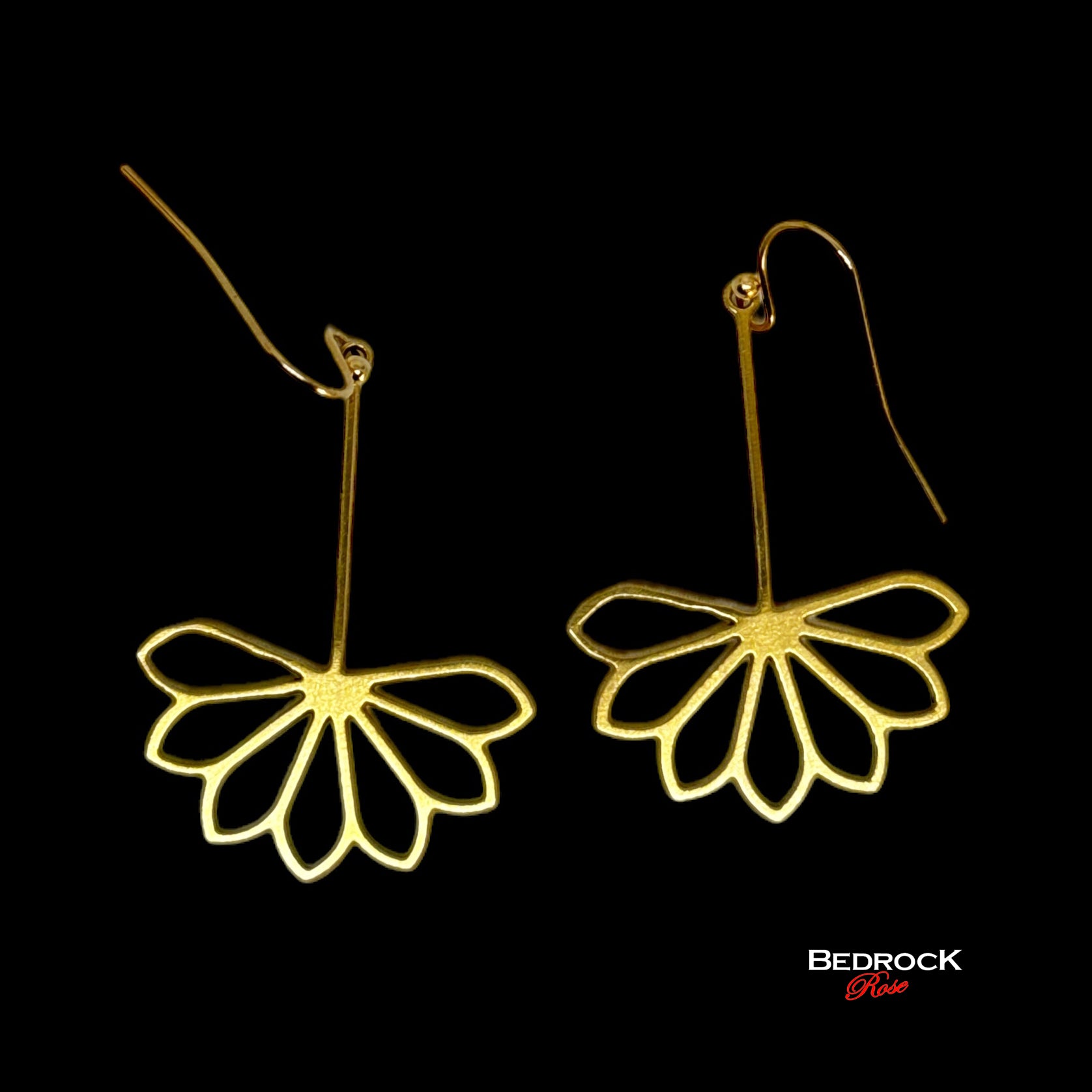 Gold Art Deco Drop Dangle Flower Earrings, 24k Gold-plated brass, Open Petal flower design, Geometric Jewelry, Modern Chic Boho design, Gift for Her