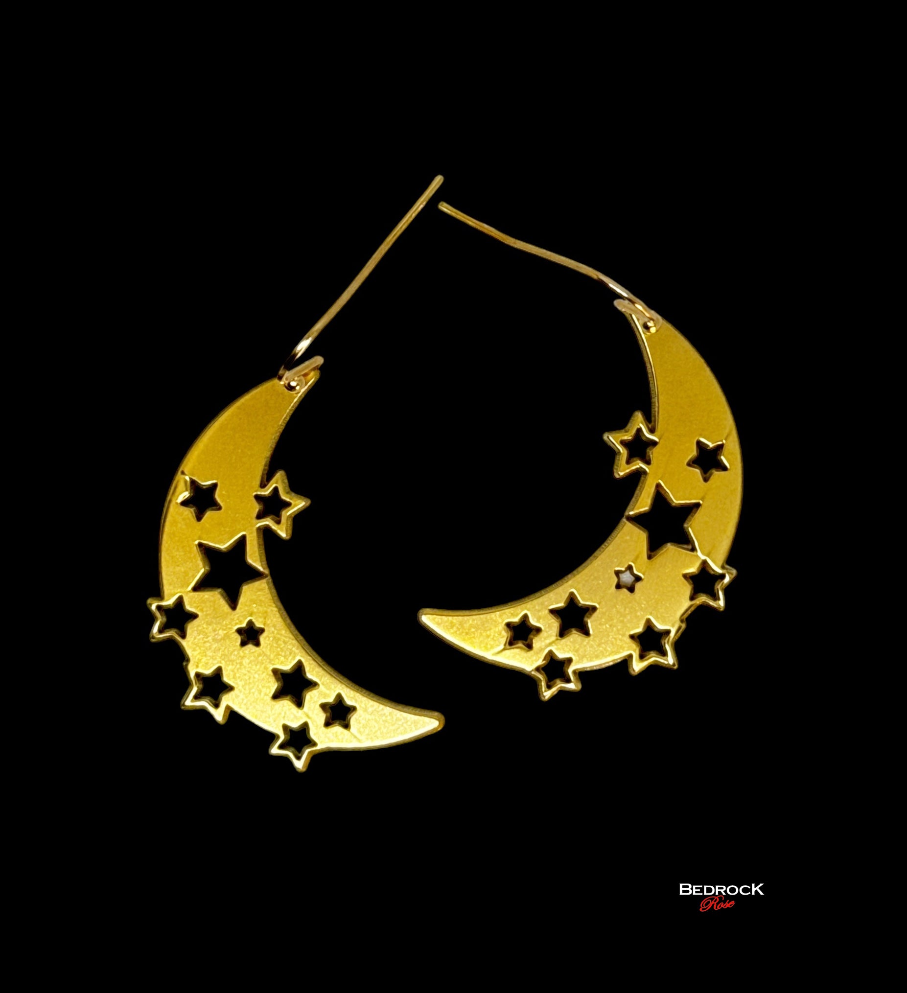 Gold crescent moon with cut out stars dangling earrings, 24k gold plated brass, precision laser cut, celestial jewelry, glamorous jewelry gift for her