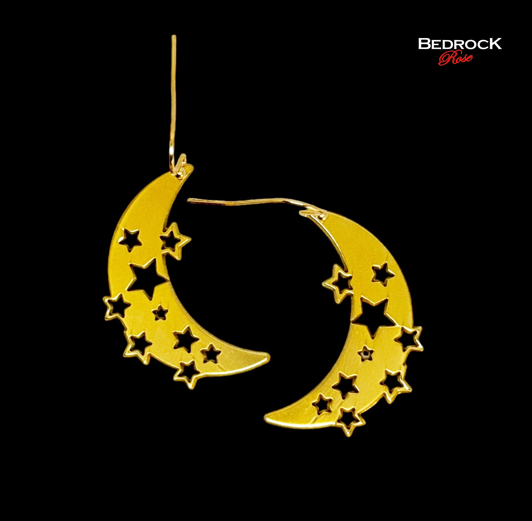 Gold crescent moon with cut out stars dangling earrings, 24k gold plated brass, precision laser cut, celestial jewelry, glamorous jewelry gift for her