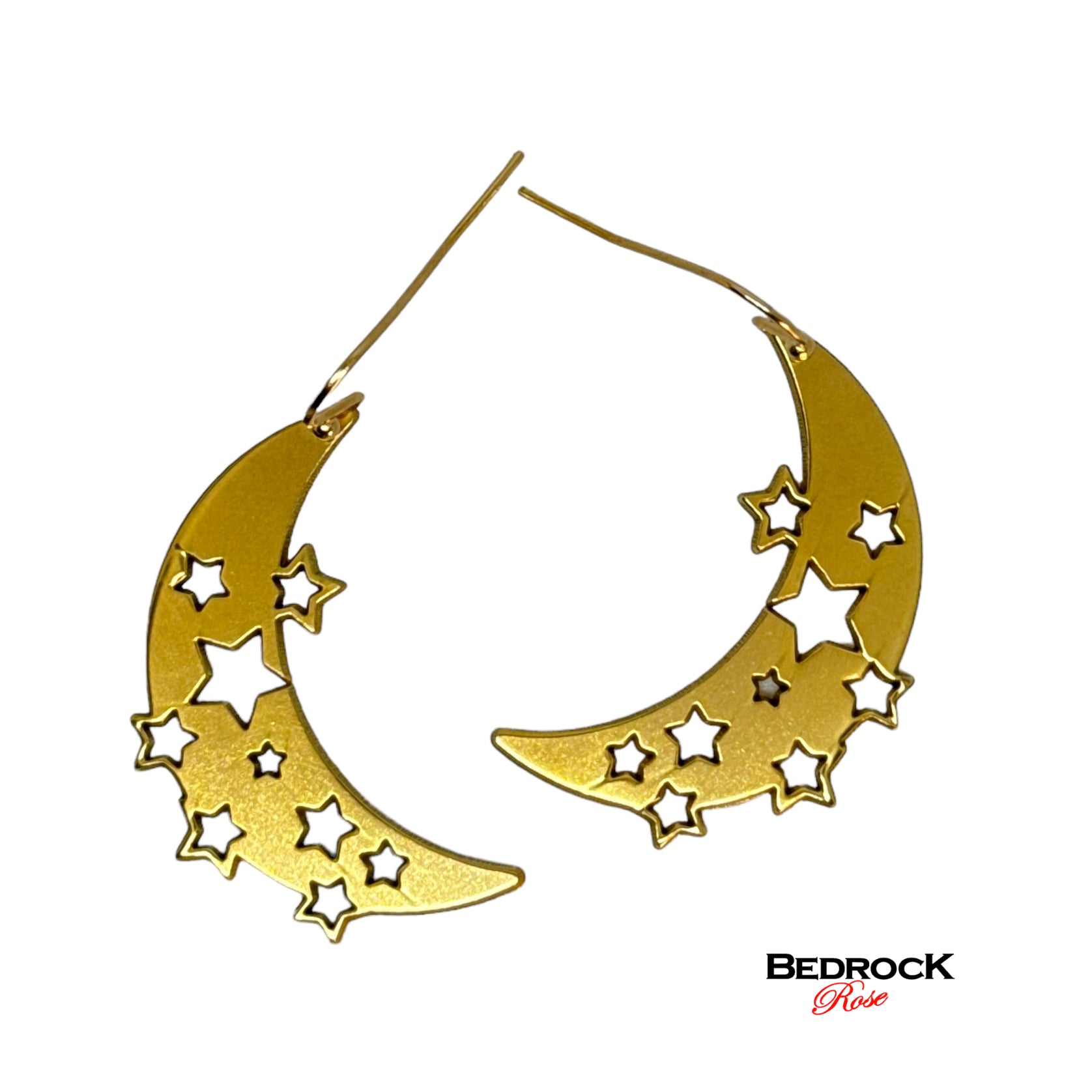 Gold crescent moon with cut out stars dangling earrings, 24k gold plated brass, precision laser cut, celestial jewelry, glamorous jewelry gift for her