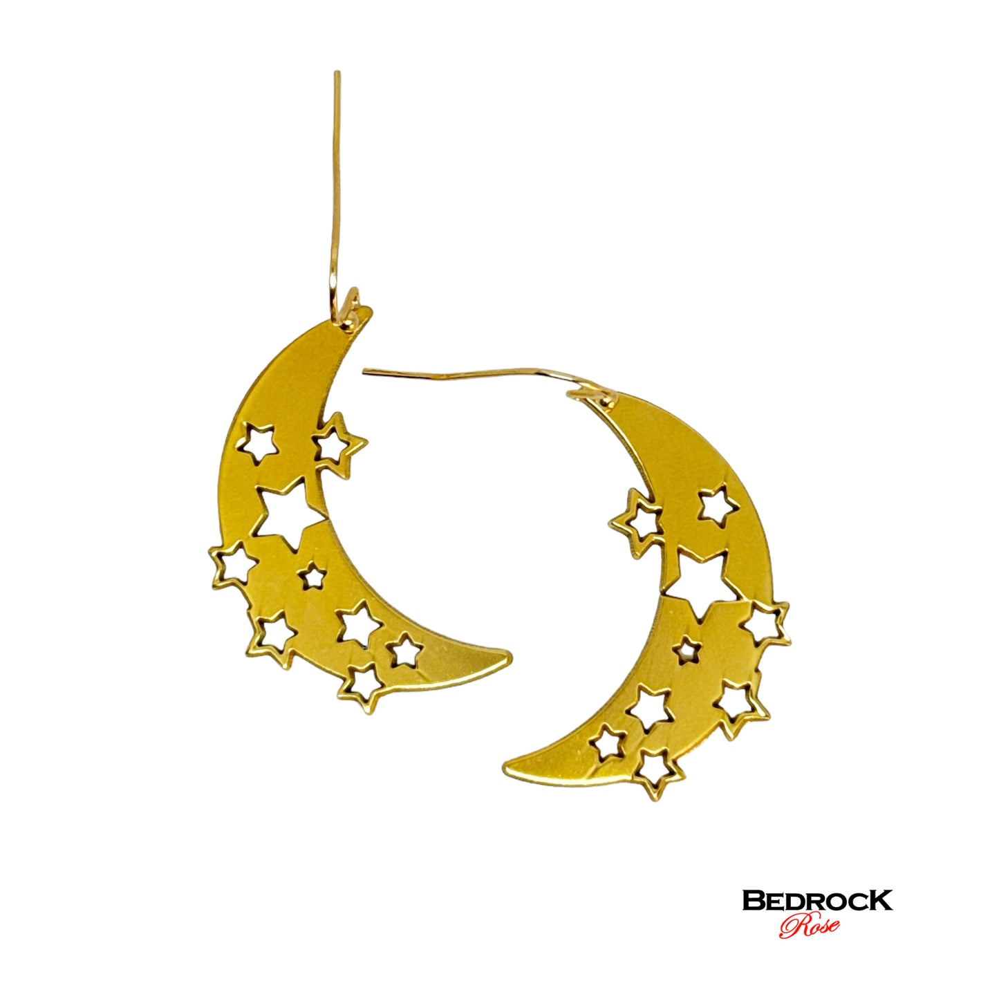 Gold crescent moon with cut out stars dangling earrings, 24k gold plated brass, precision laser cut, celestial jewelry, glamorous jewelry gift for her