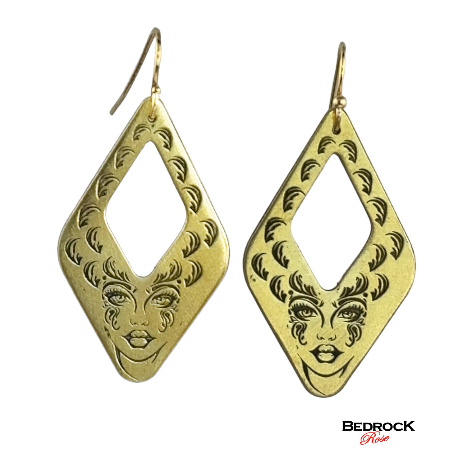 Gold Goddess Dangling Earrings with Open Diamond Structure and laser engraved feminine face, 24k gold-plated brass, laser engraved and cut, chic design jewelry, modern boho gift for her