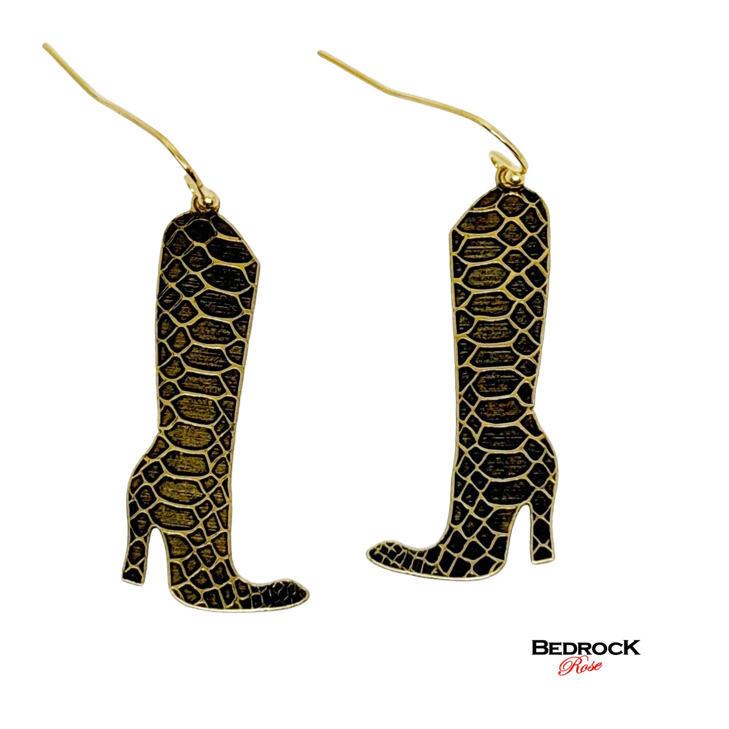 Snakeskin Pattern Boot Dangling Earrings, Edgy earrings, 24k gold plated brass, kick ass style, boho chic design, gift for her