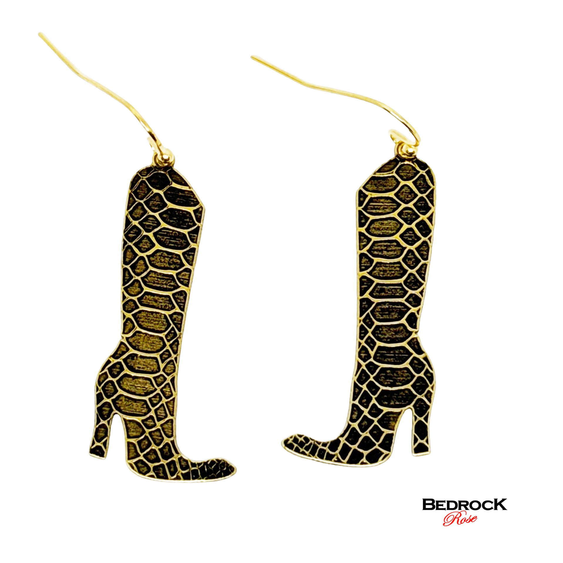 Snakeskin Pattern Boot Dangling Earrings, Edgy earrings, 24k gold plated brass, kick ass style, boho chic design, gift for her