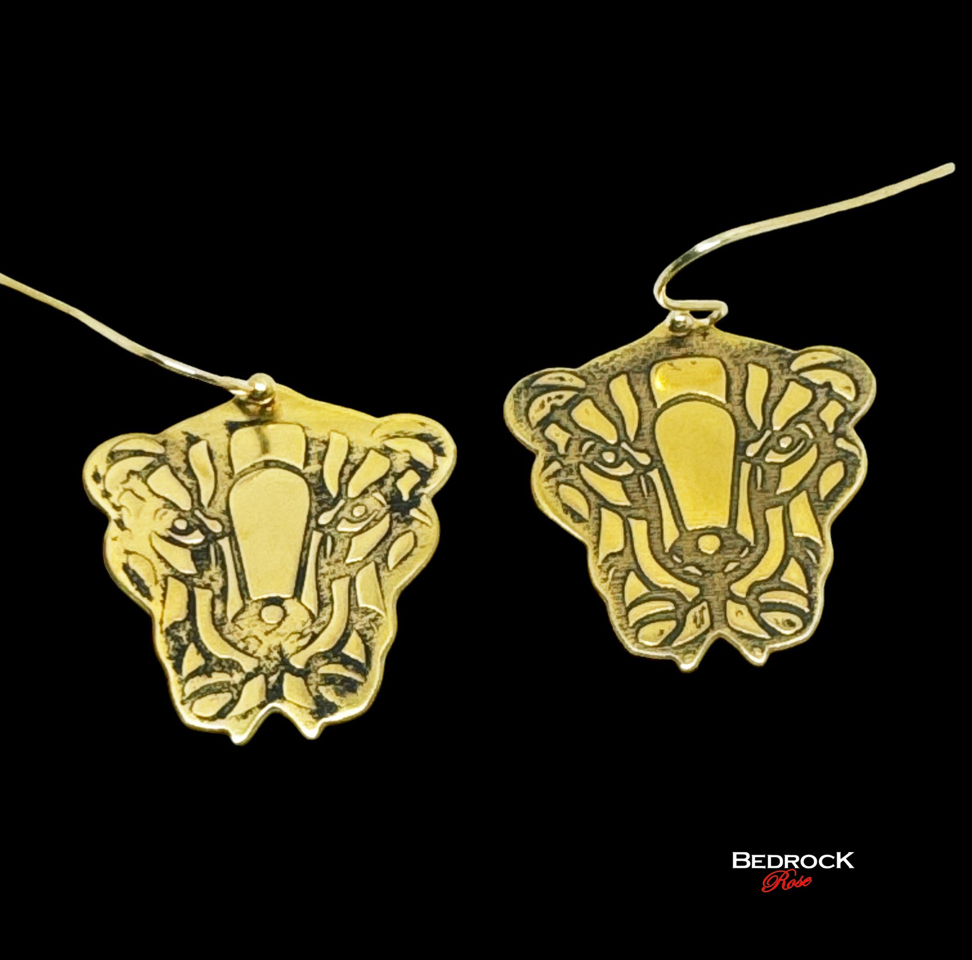 Gold fierce lion face dangling earrings, laser engraved and cut, 24k gold plated brass, chic boho design jewelry, gift for her