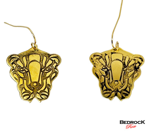 Gold fierce lion face dangling earrings, laser engraved and cut, 24k gold plated brass, chic boho design jewelry, gift for her