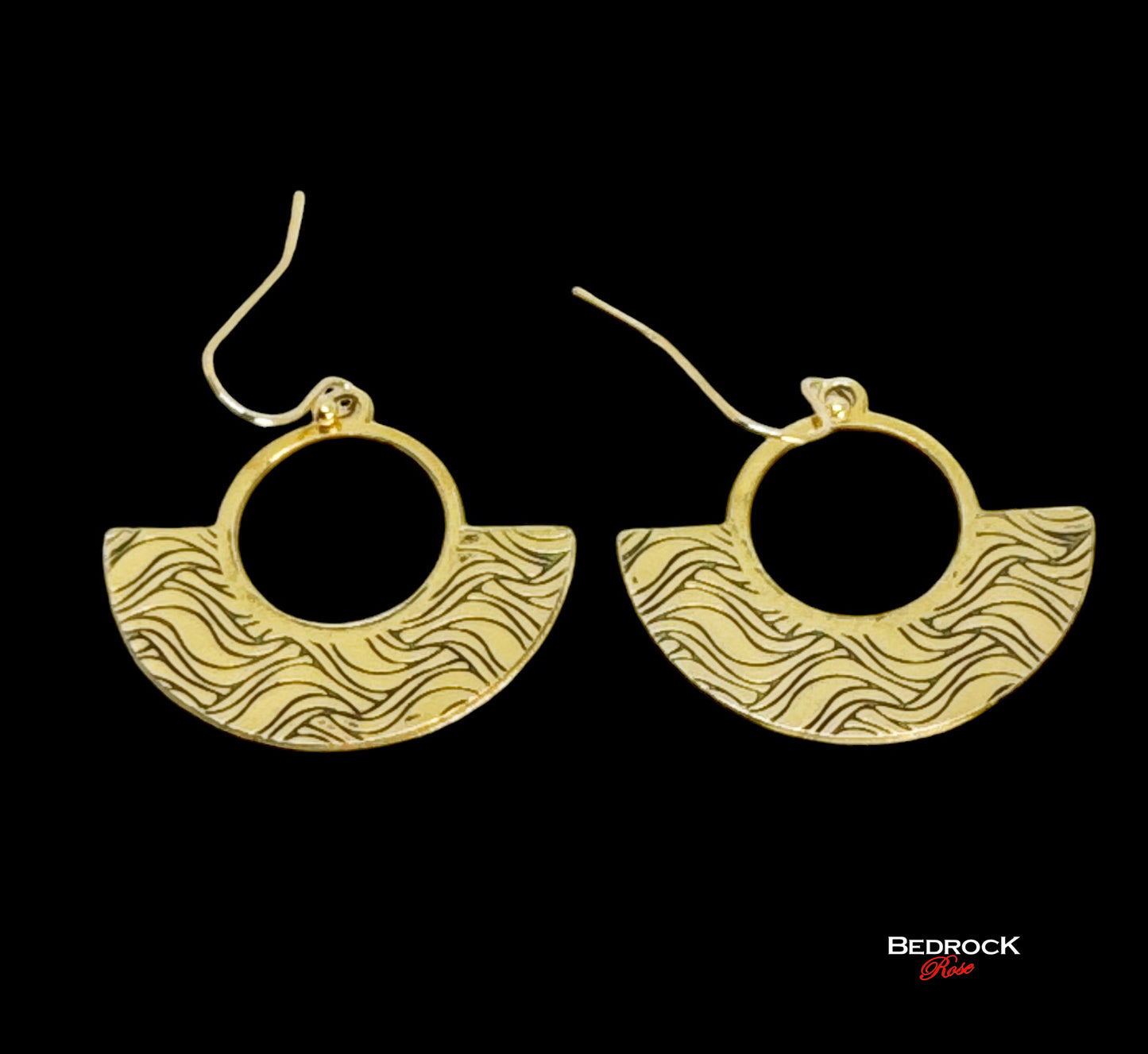 Gold wave-patterned half circle with open middle dangling earrings, 24k gold-plated brass, laser cut, chic modern design, boho style, gift for her