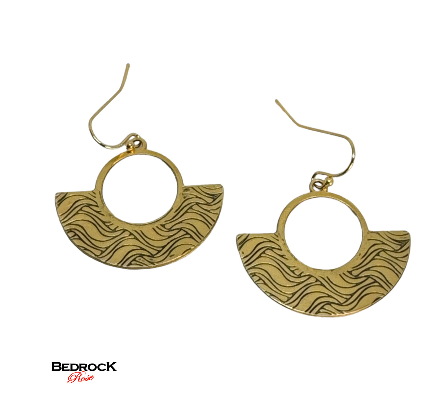 Gold wave-patterned half circle with open middle dangling earrings, 24k gold-plated brass, laser cut, chic modern design, boho style, gift for her