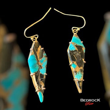 Gold Prong Set Turquoise Trapezoid Dangling Earrings, Bronze, Onyx, Abelone gemstone, Dangling Earrings, December birthstone, Statement earrings, Gift for Her