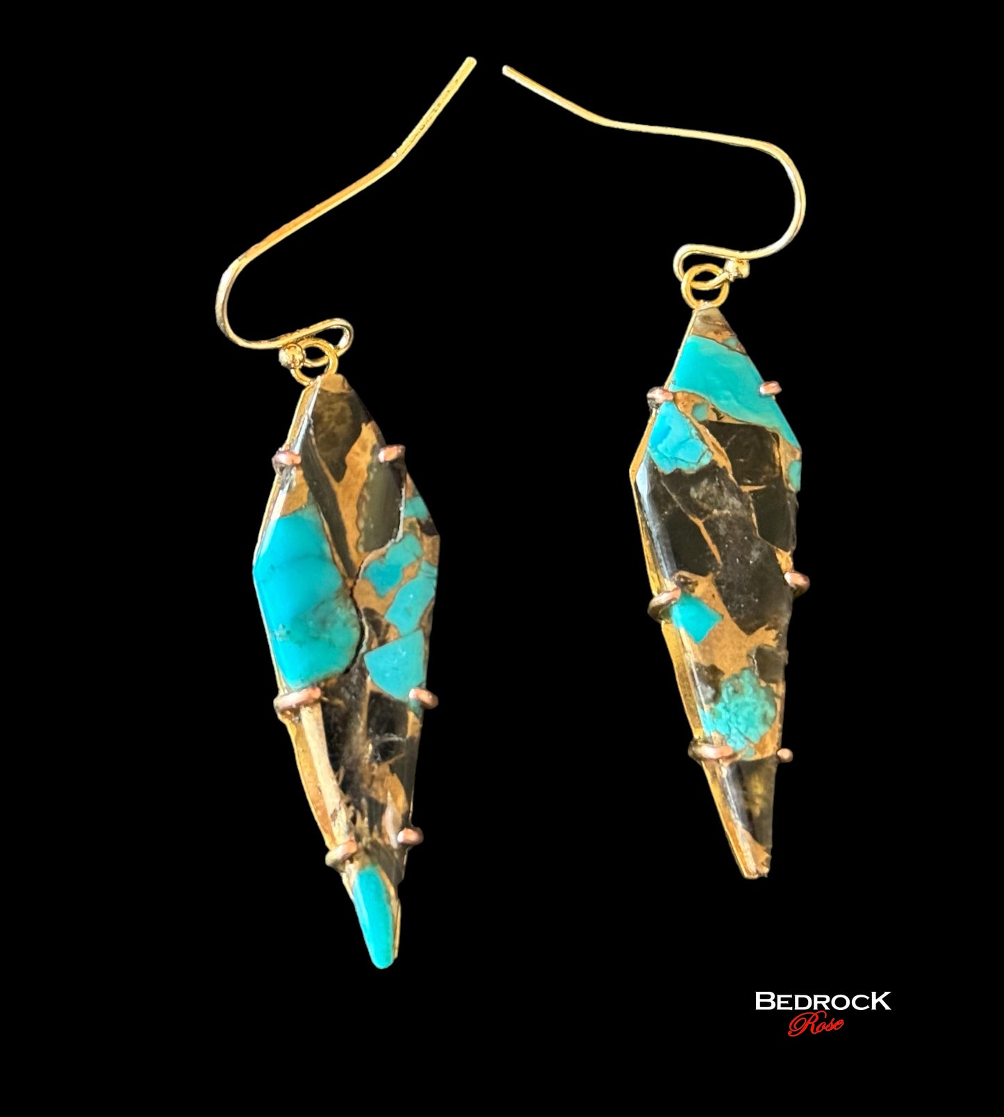 Gold Prong Set Turquoise Trapezoid Dangling Earrings, Bronze, Onyx, Abelone gemstone, Dangling Earrings, December birthstone, Statement earrings, Gift for Her